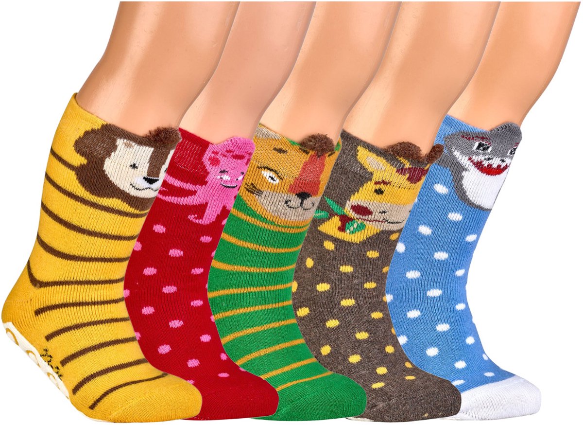 5 Paar - Antislip Kindersokken - Rubberen Zool - Socks4fun - Dieren Thema