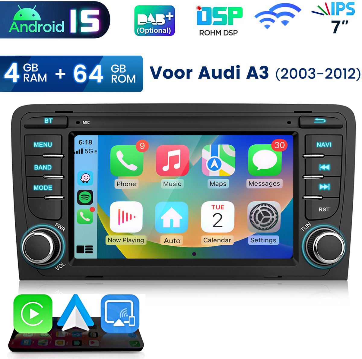 HexinexMarket acht-coreprocessor Autoradio Geschikt voor Audi A3 S3 RS3 (2003-2012) - Draadloos CarPlay, Android Auto, Android 15, multimediaspeler, 4GB+64GB