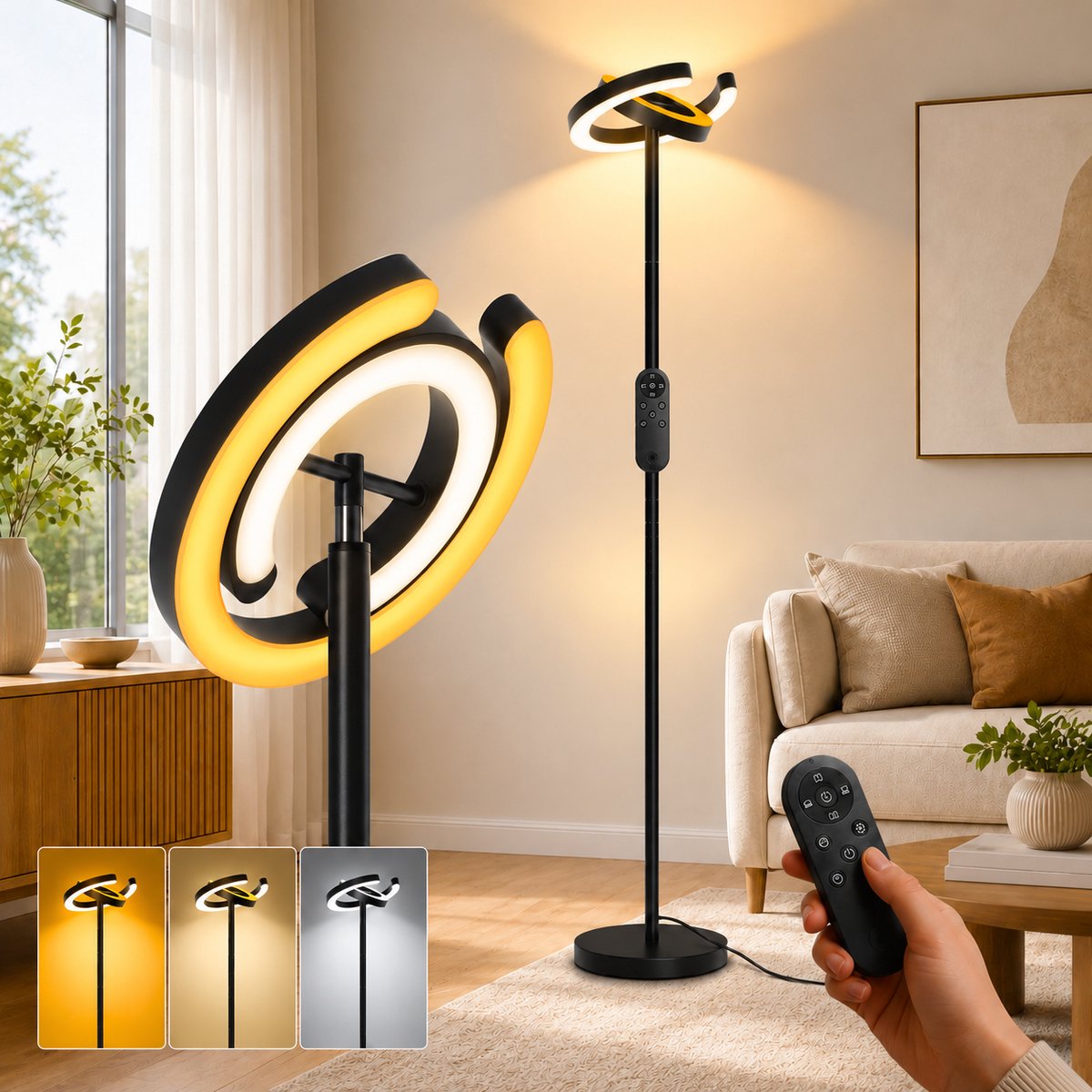 Lapamax Design LED Vloerlamp 190 cm met Dubbele Draaibare Ring-Moderne Staande Lamp met Magnetische Afstandsbediening- Instelbaar 1900K-6500K Licht - Sfeerlamp voor Woonkamer, Slaapkamer en Kantoor