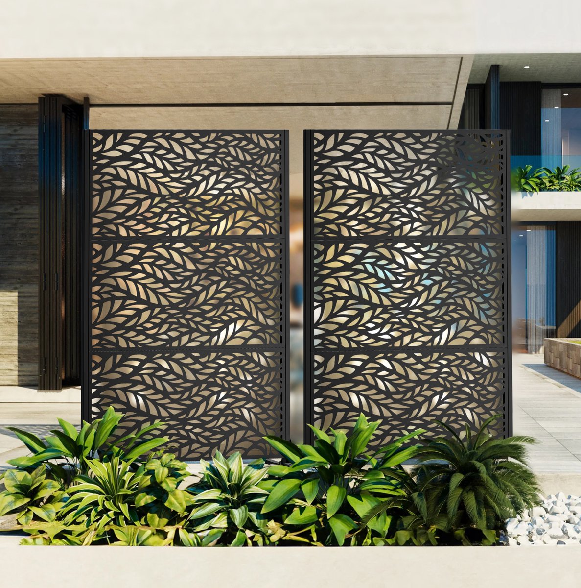 MEUNIQ vrijstaand metalen privacyscherm 116 x 40 x 183 cm – zwart tuinscherm met bladdessin, stabiele voet en bevestigingsmateriaal voor balkon en terras