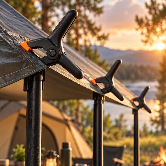 Zwarte zeilklemmen met oranje bekleding op een tentdoek, met zonsondergang en een meer op de achtergrond.
