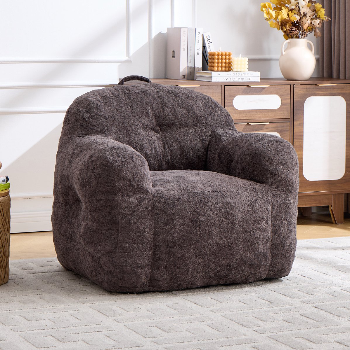 OKWISH Zitzakstoel 95 x 95 x 79 cm - Met Armleuningen en Rugleuning - Voor Woonkamer en Leeshoek - Imitatiebont - Donkergrijs
