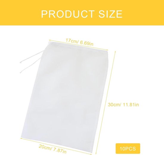 Witte Juicer Zak - 10 Stuks Nylon Filterzakken met Trekkoord voor het Filteren van Sojamelk, Sap en Groenten, Herbruikbaar en Wasbaar — afbeelding 5