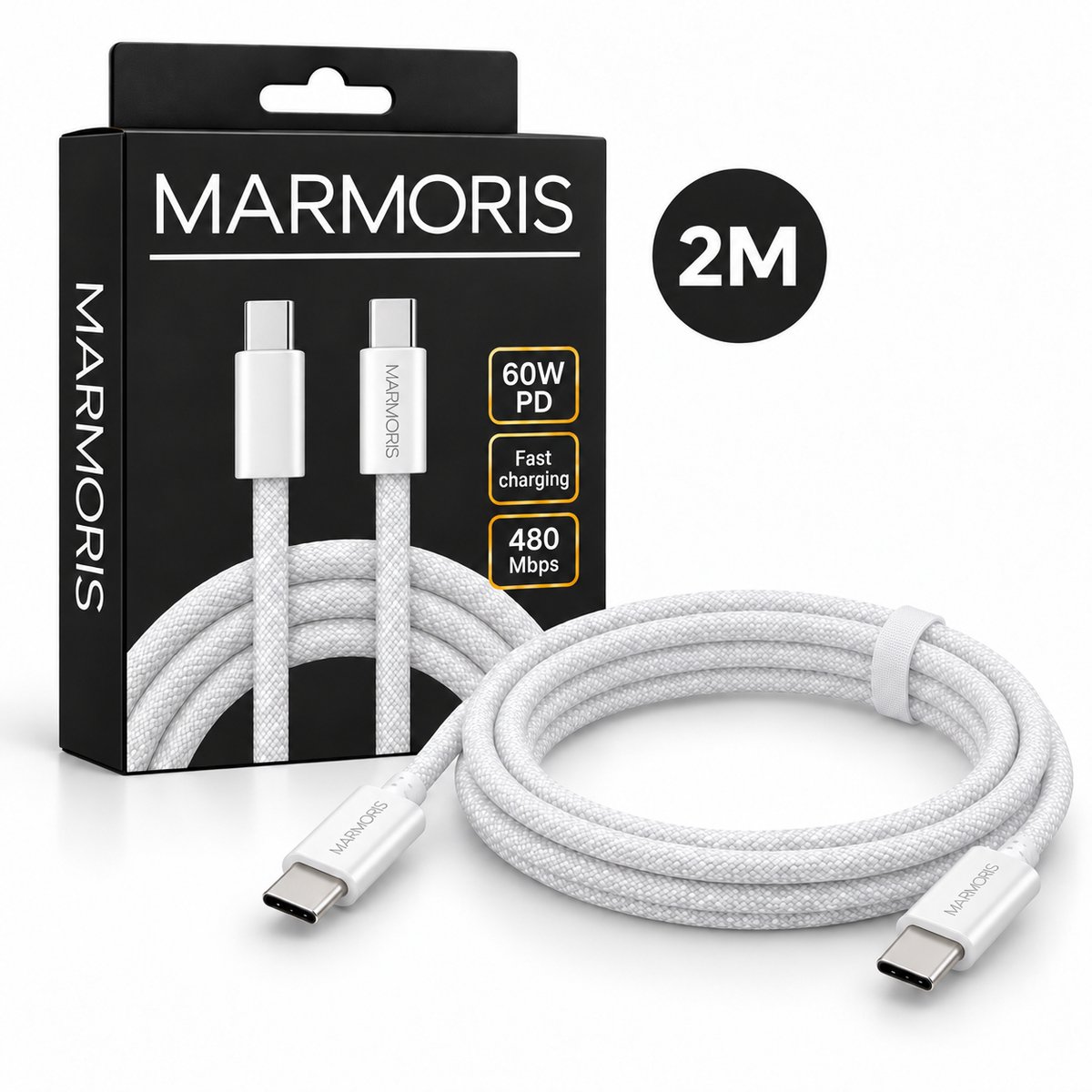 Marmoris USB-C Kabel 2M – USB-C naar USB-C – 60W Snelladen – Gevlochten – Wit