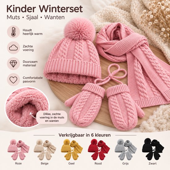 Roze gebreide winterset met kabelpatroon, muts met pompon, sjaal en wanten. Zachte voering.