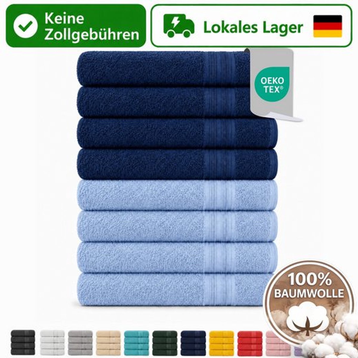 Komfortec Set van 8 Badhanddoek 100x200 cm van 100% Katoen, XXL Saunahanddoek, Grote Douchehanddoek, Zacht & Absorberend, Marineblauw&Lichtblauw