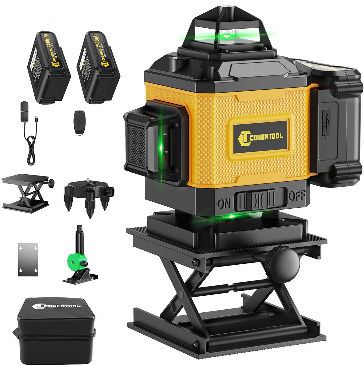 CONENTOOL Kruislijnlaser - 16 Lijnen 4D - 30 Meter Meetbereik - Zelfnivellerend 360 Graden Laser Waterpas - met 2 Accu's