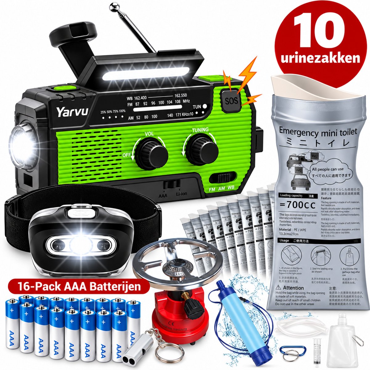Noodpakket - Noodradio op Batterijen + HoofdLamp LED op Batterijen + Waterfilterset + 10 Urinezakken + 16 Pack aaa Batterijen + Gasbrander + Noodfluit - Nood pakket - 6 in 1 Nood Radio - SOS - Groe