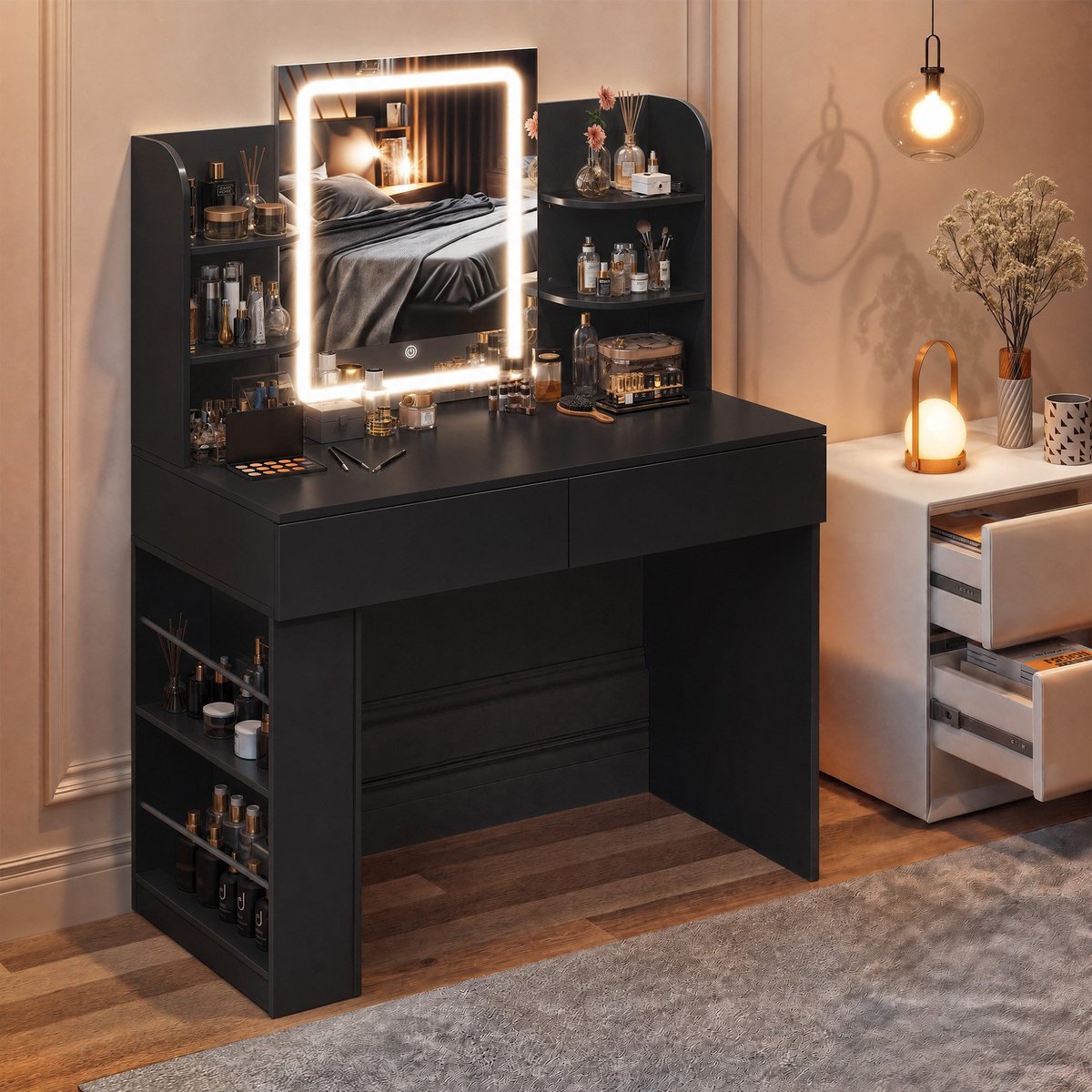 Devoko Kaptafel met LED-spiegel en 3 Lichtkleuren – Make-uptafel met Verborgen Sieradenopberging en Kruk – 90 × 40 × 135 cm – Zwart