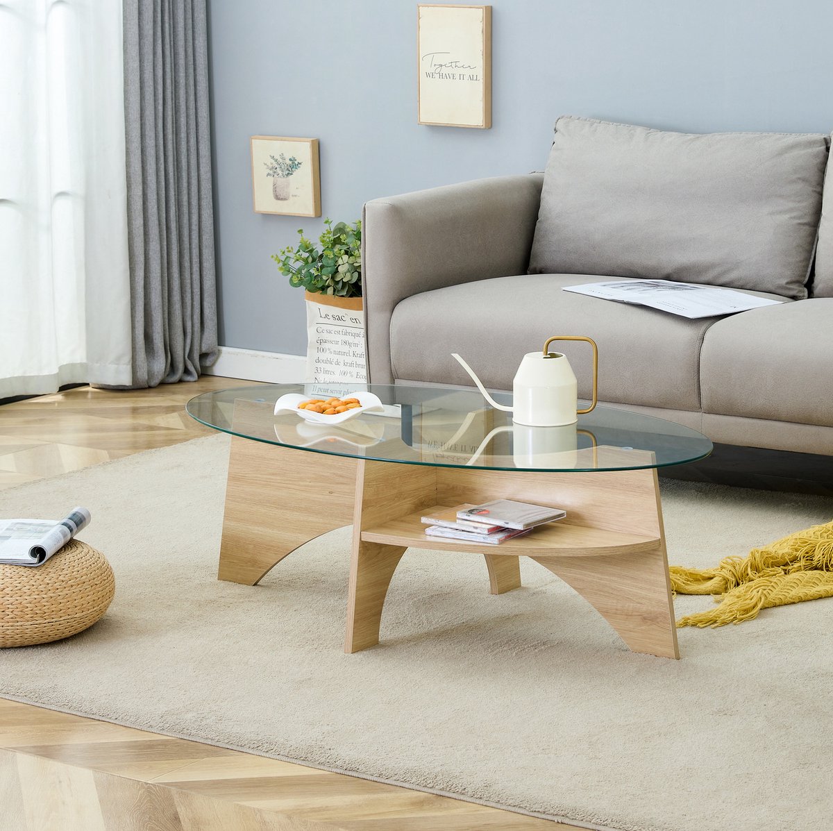 MEUNIQ Ovale salontafel 104,9 x 60 x 35,6 cm met veiligheidsglas, MDF onderstel en open opbergruimte voor woonkamer, transparant en houtkleur