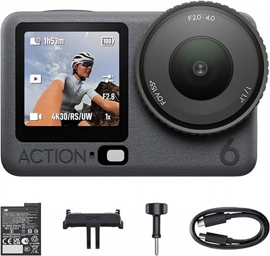 DJI Osmo Action 6 actiecamera met accessoires en scherm dat een skiër toont. De accessoires bevatten een batterij en kabel.