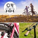 Een collage met fietsers en een set fietsremmen. Twee fietsers geven elkaar een high five. Gedetailleerde close-ups tonen fietssturen en remmen.