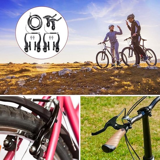 Een collage met fietsers en een set fietsremmen. Twee fietsers geven elkaar een high five. Gedetailleerde close-ups tonen fietssturen en remmen.
