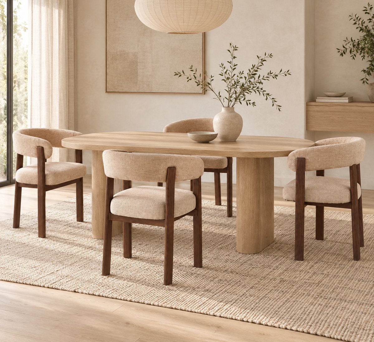 Set van 4 Eetkamerstoelen Tammy Bruin – Japandi Eetstoelen met Walnoot Uitstraling & Chenille Stof – Japanse Stijl Stoel met Zachte Bekleding voor Eetkamer, Woonkamer & Eettafel