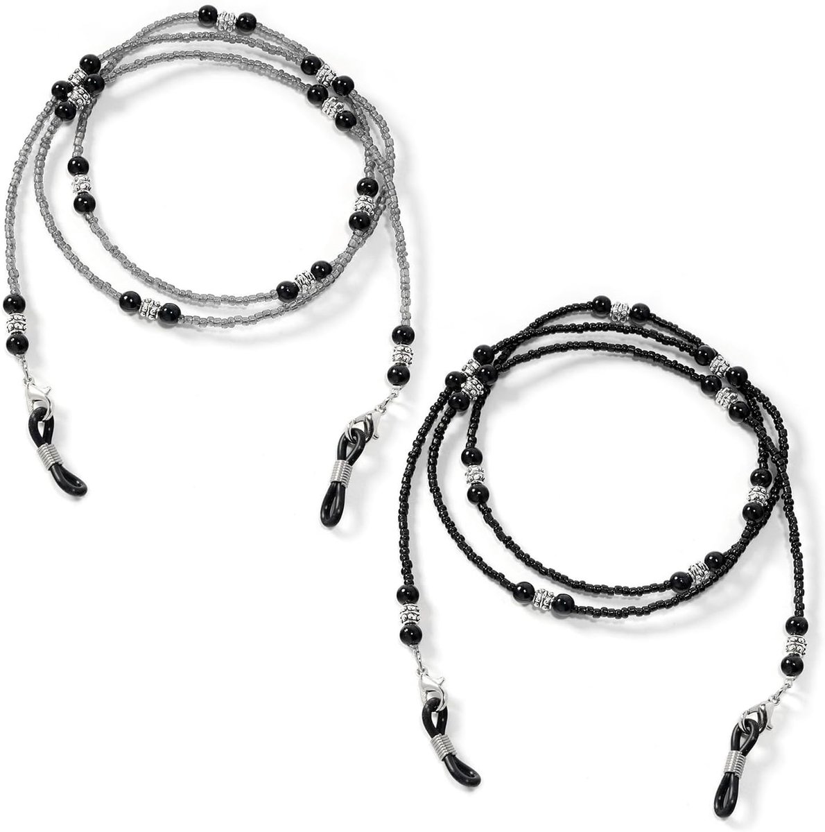 Stijlvolle 2-delige Kralen Lanyard voor Zonnebrillen en Leesbrillen | Handige Oplossing voor Maskers en Brillen (Zwart, Grijs)