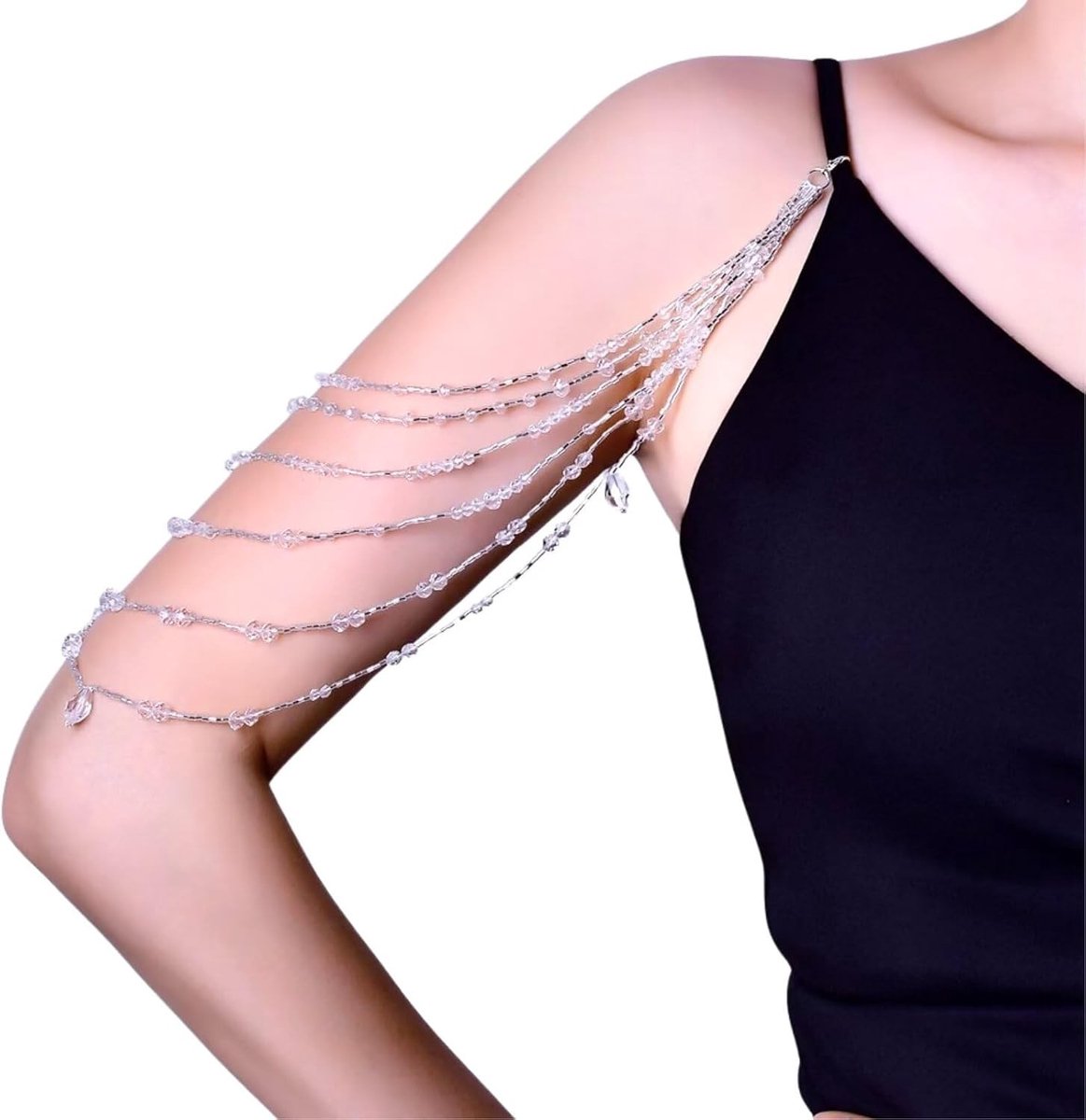 Elegante Kristallen Schouderketting met Riem en Franje, Meelaags Bruids Body Chain Sieraad voor Vrouwen