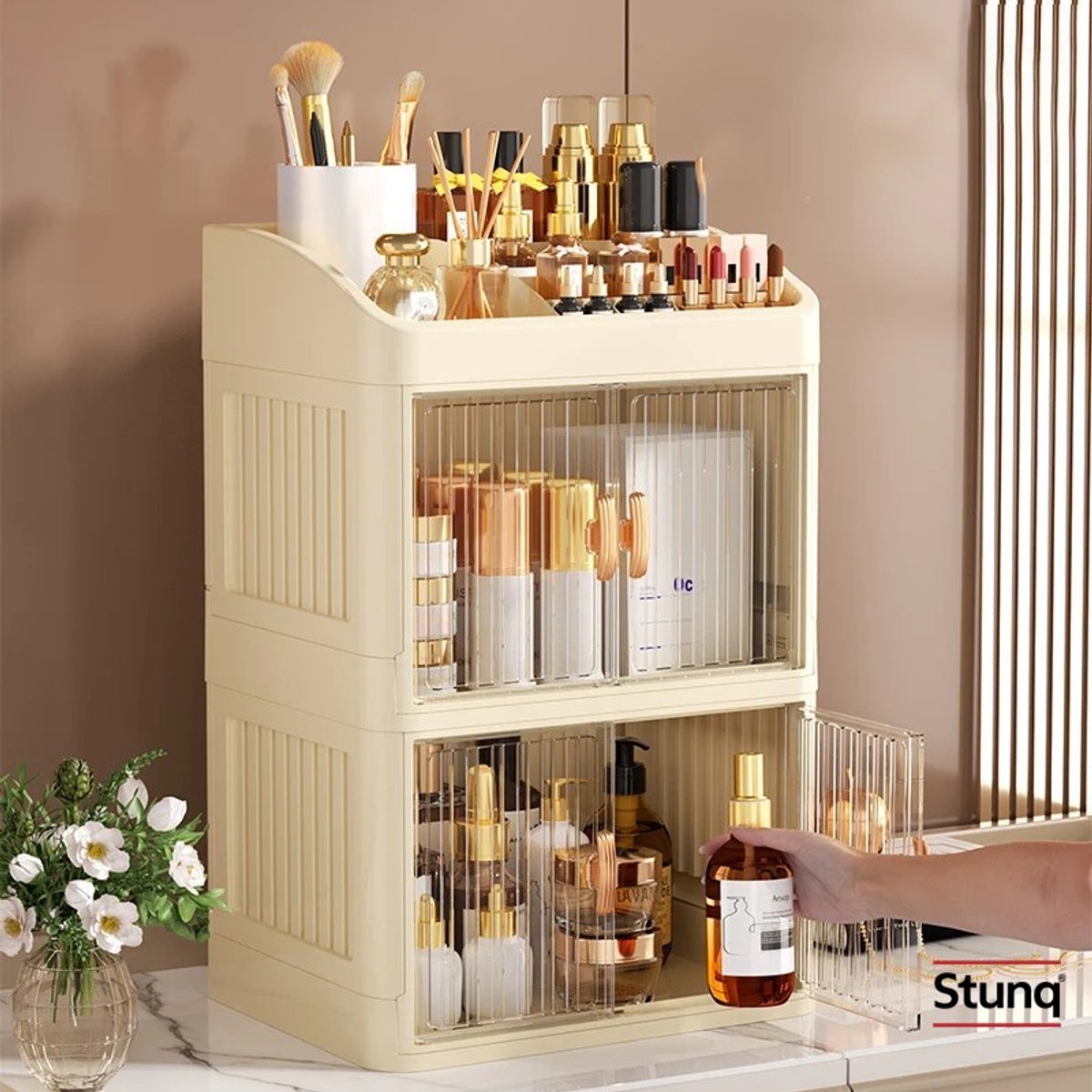 Stunq® Opvouwbare Make-up Organizer – 3 Niveaus – Crème – Met Transparante Deurtjes