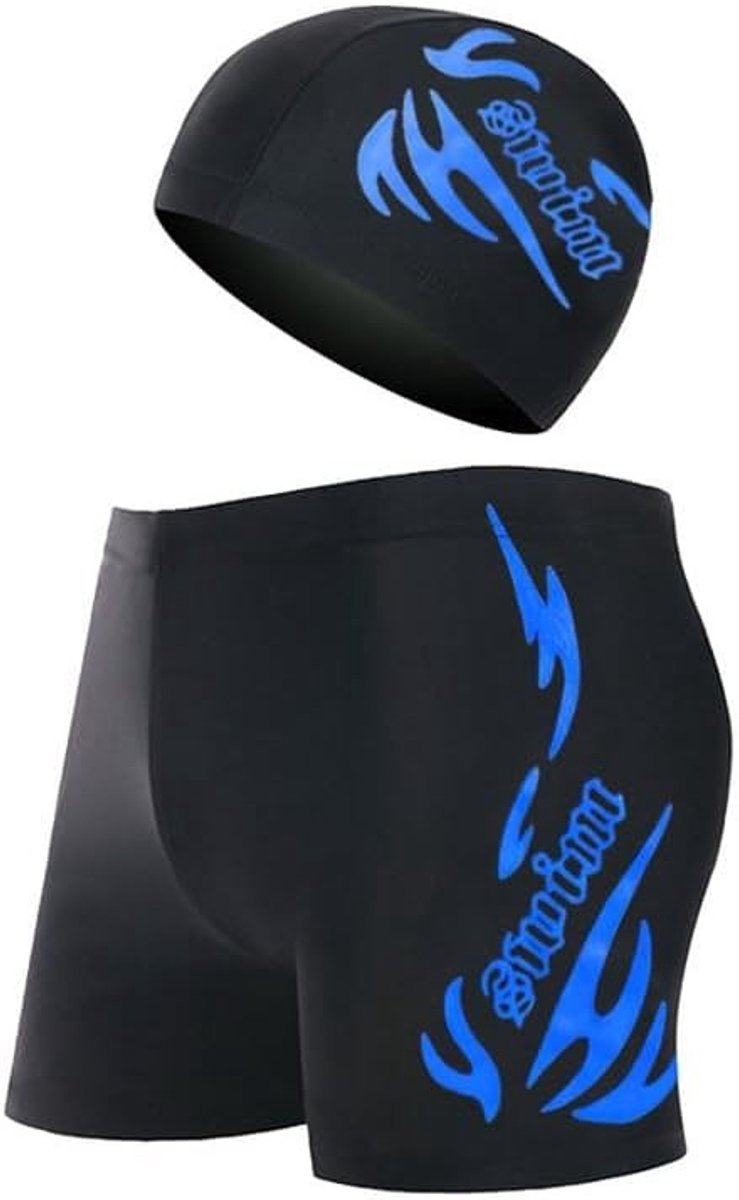 Zwemshorts voor heren met bijpassende pet, 2-delig, blauw vlampatroon, maat 2XL, rekbaar polyester, perfect voor strand, sporten, zwemmen en duiken.