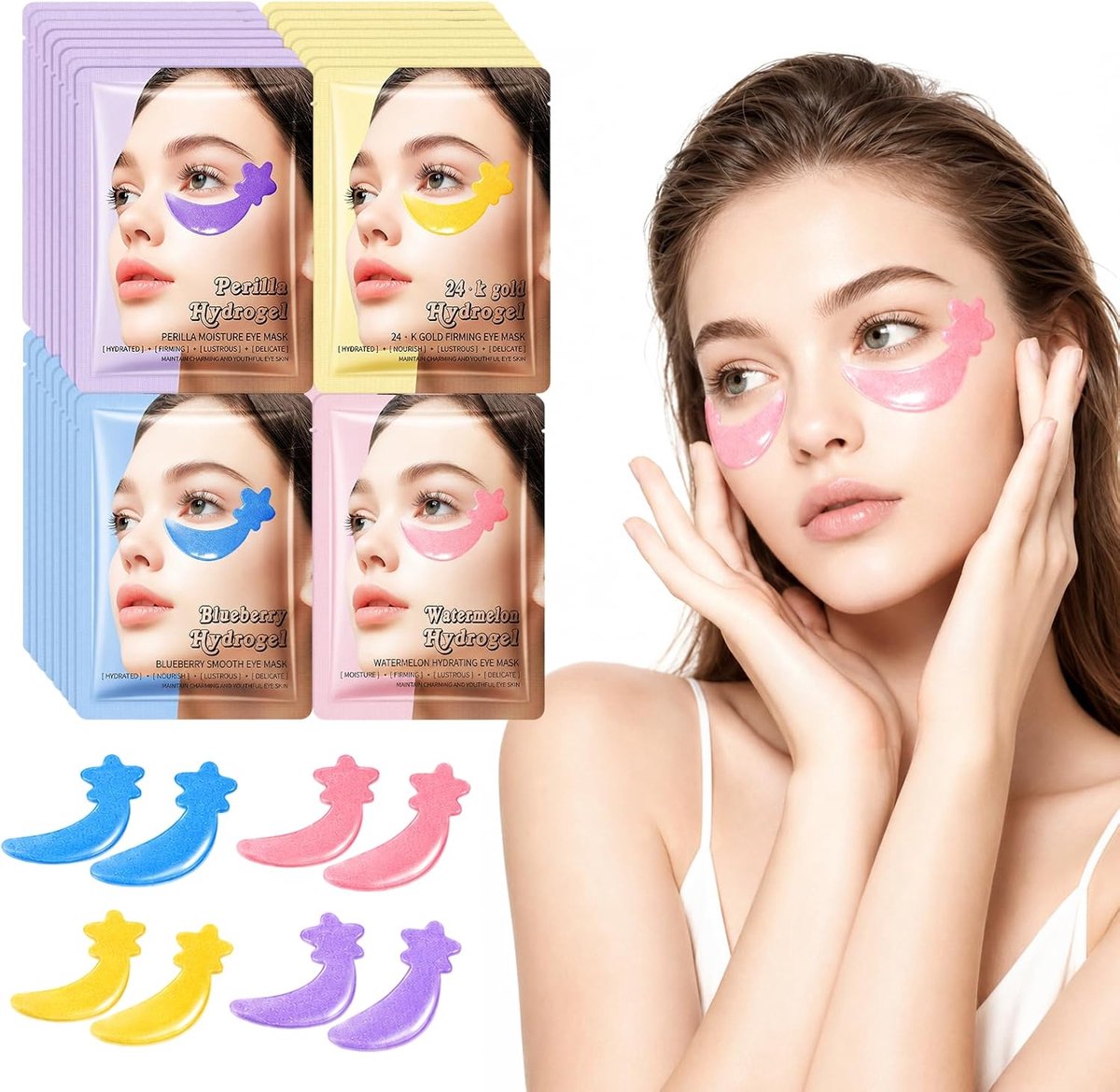 32 paar oogpleisters en kringen rond de ogen, mix, oogzakken en kringen, oogpatches en zakjes, hydraterend, voor frisse, verstevigende look (blauw + roze + geel + paars)