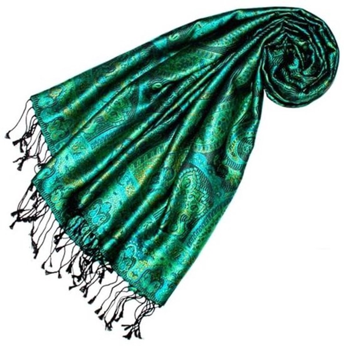 Pashmina damessjaal van 100% zijde met paisley patroon - groen-zwart-turquoise