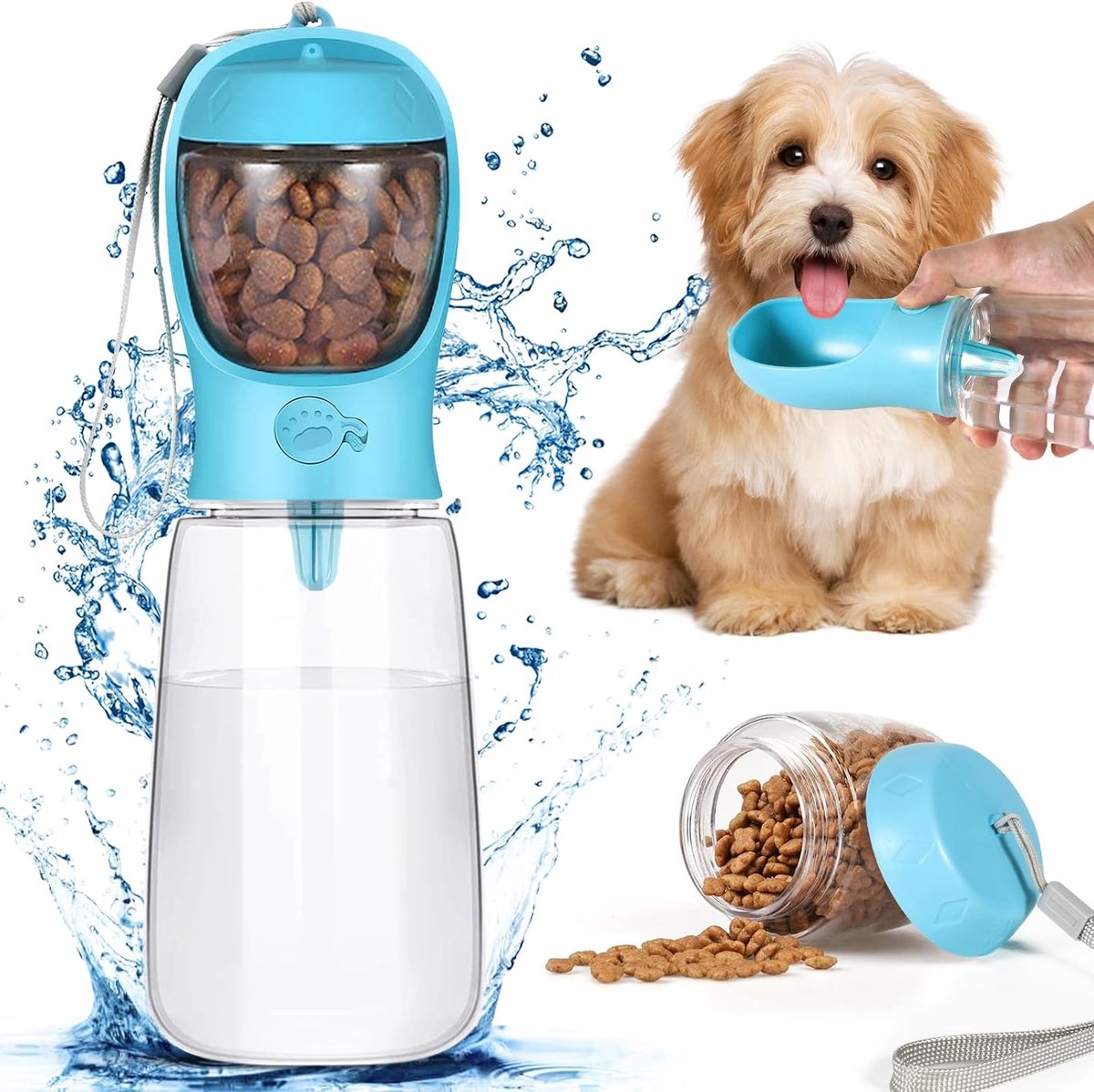 550 ml hondendrinkfles, incl. 80 g voedercontainer, hondendrinkfles voor onderweg, waterfles voor hond en kat, lekvrij, draagbare waterfles voor honden, met water terugloopventiel (blauw)