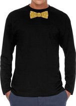 Zwart long sleeve t-shirt met vlinderdas in glitter goud heren - zwart shirt met lange mouwen en gouden strik das voor heren M