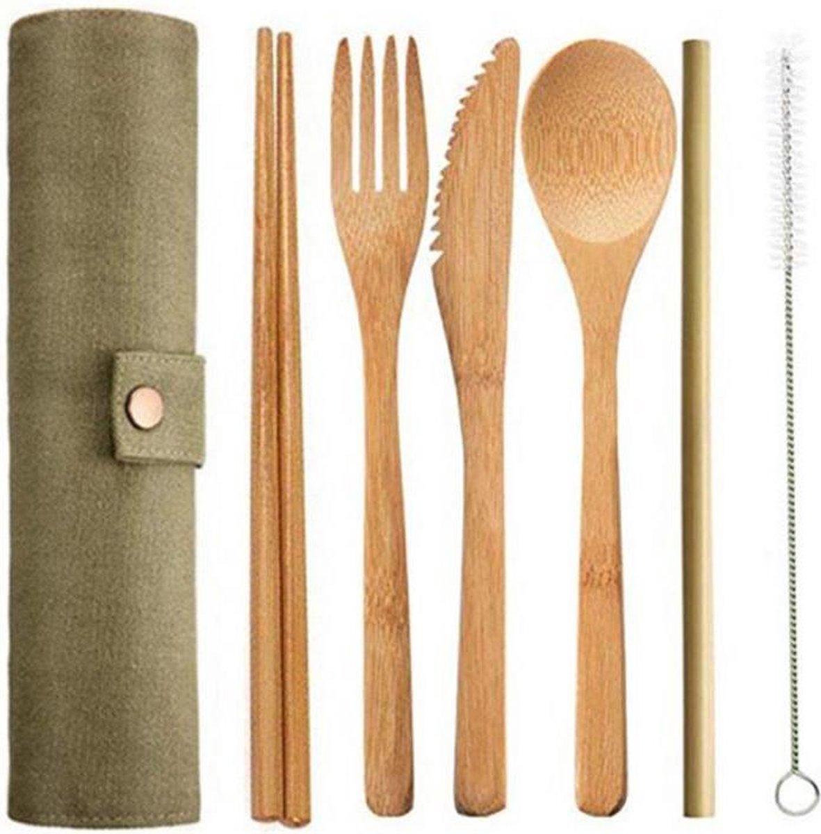Bamboe meeneem bestek in etui - vork, lepel, mes, eetstokjes en rietje |  bol.com