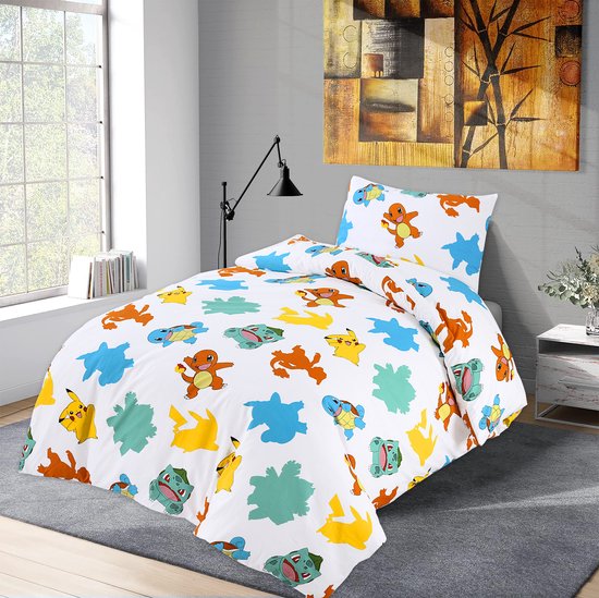 Bed Glow & Apparel – Pokemon Beddengoedset | Dekbedovertrek 140x200 + Hoeslaken 90x200+25 + Kussensloop 60x70 | 100% Katoen