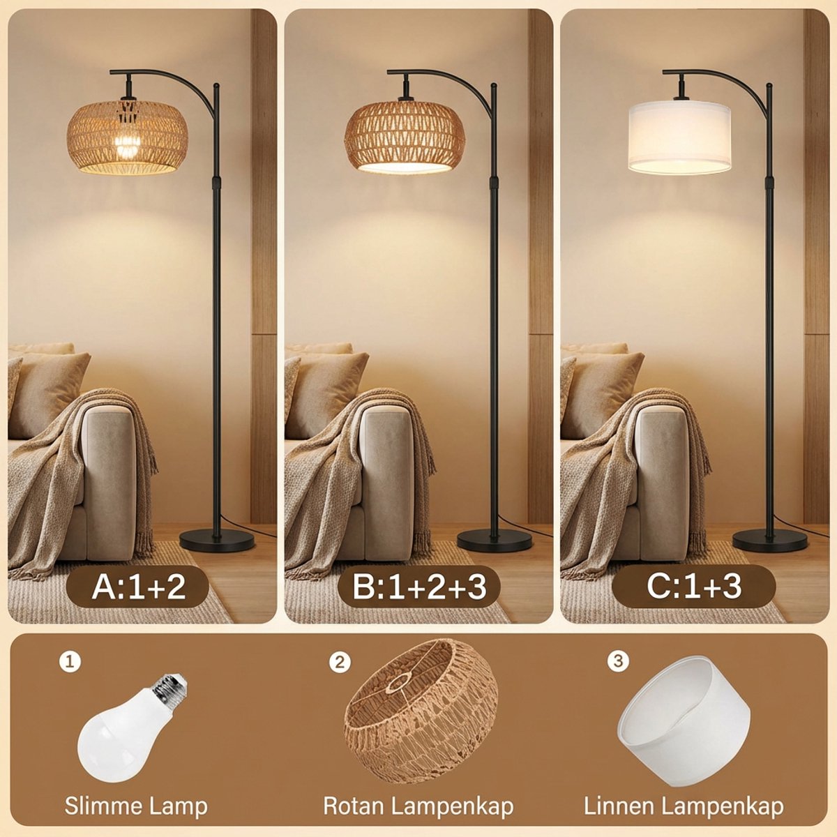 Landelijke vloerlamp zwart met rotan - Sam