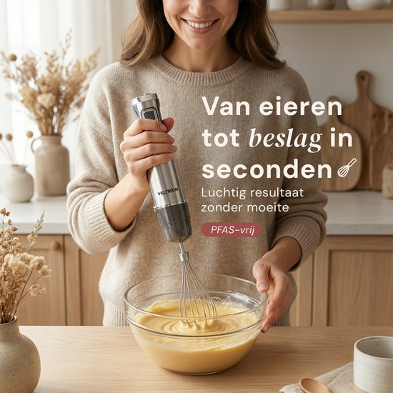 Veltrion Staafmixer S1 PRO 6-in-1 set - Titanium Messen - Inclusief Spatel, hakmolen, garde, melkopschuimer & Maatbeker - Krachtig & Vaatwasserbestendig - Turbofunctie - 1100W - PFAS-vrij van Merkloos — afbeelding 4