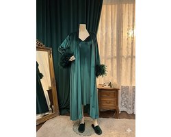 Luxe Velvet Nachtjurk Set met Kimono, Slippers & Veren Mouwen