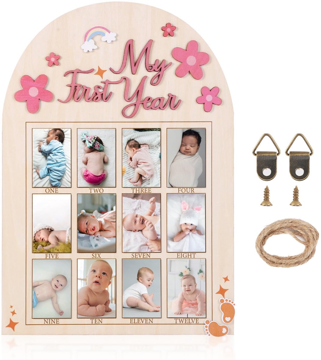 Fotolijstje Mijn eerste jaar, 3D-madeliefjesbloem, baby's eerste jaar fotodisplay, houten bord, fotolijstje voor baby's van 12 maanden, maandelijkse fotobanner voor pasgeboren babykamerdecoratie