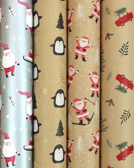 Santas Wonderland cadeaupapier - Kraftpapier kerstpapier inpakpapier voor kerst - 200 x 70 cm - 3 rollen