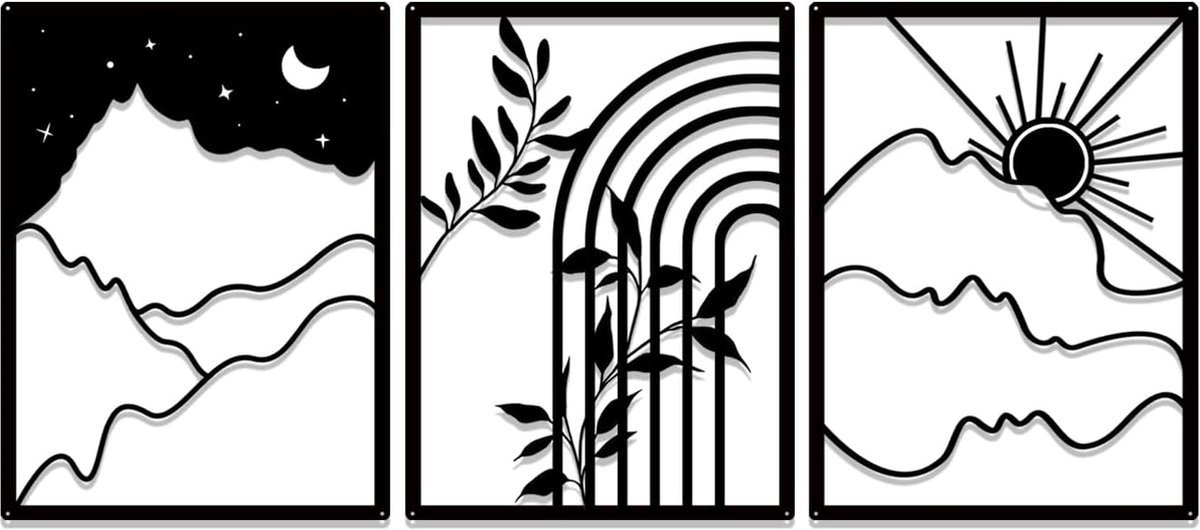 Stunq® 3 stuks boho zon en maan zwart metalen wanddecor, metalen abstracte muurkunst, Bohe