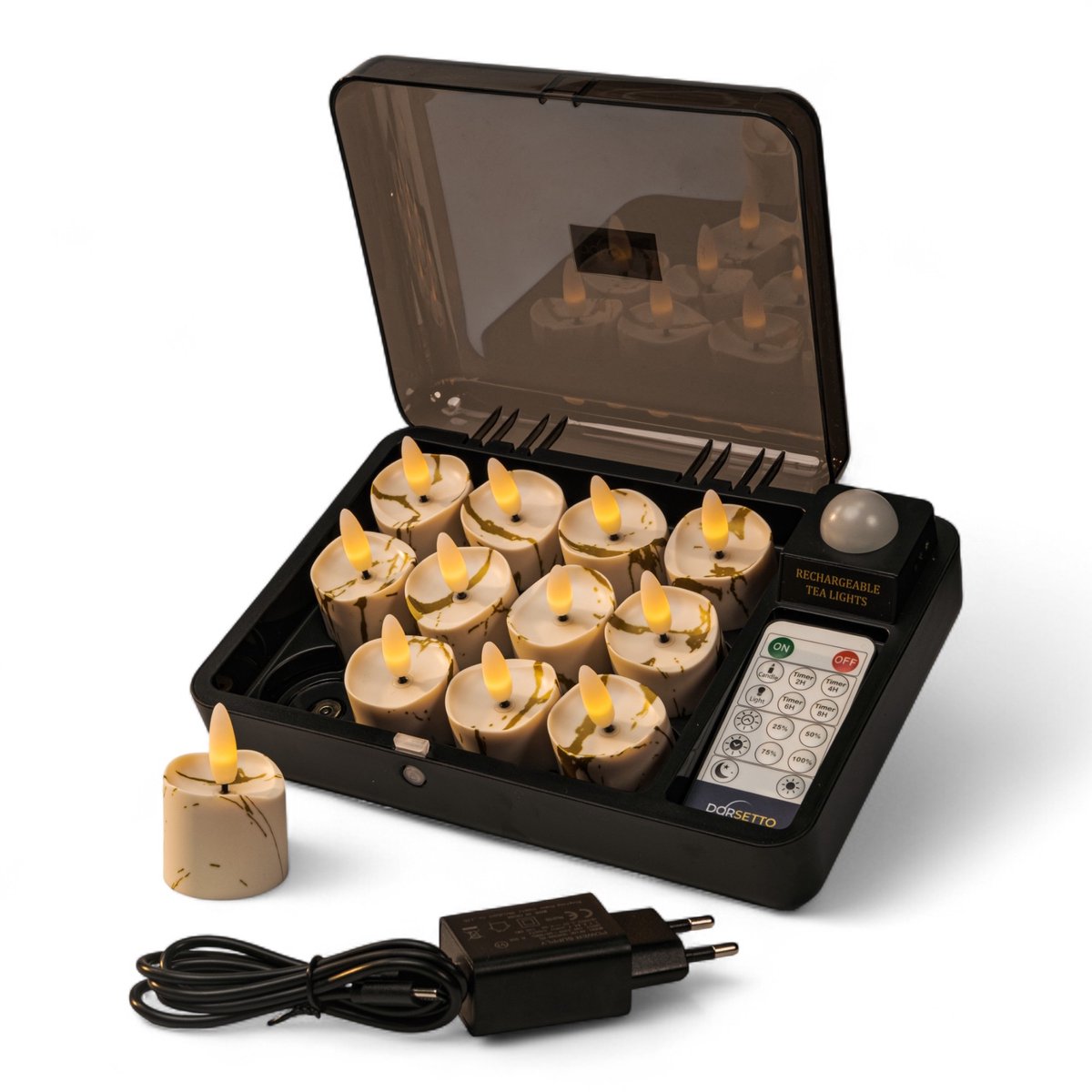3D oplaadbare LED-Waxine/theelichtjes 175 uur - met Afstandsbediening - 12 Stuks - timerfunctie