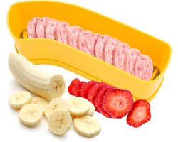 Extra Grote Fruitsnijder - Multifunctionele Snijder - Druivensnijder - Tomatensnijder - Makkelijk Schoon Te Maken - 26,5 × 7,7 × 7,2 Cm - Geschikt Voor Het Snel Snijden Van Bananen, Komkommers En Aardbeien - Geel