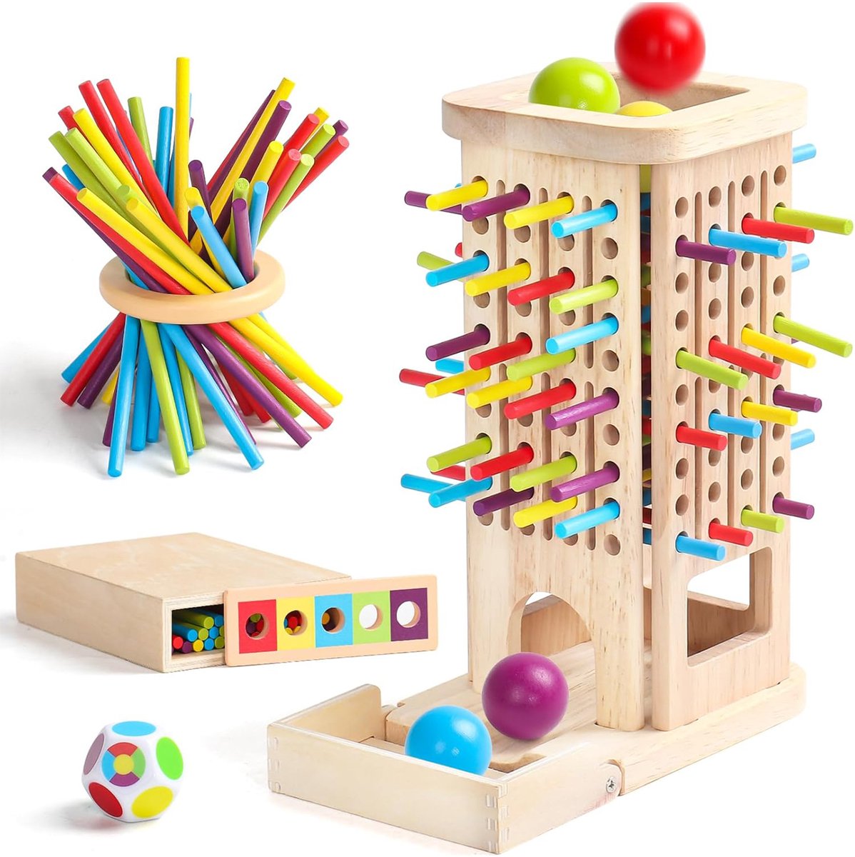 Houten educatief spel - 40 houten stokjes met opbergdoos - 3-in-1 spel voor sorteren, kleuren leren en balans - Leer- en puzzelspel voor jonge kinderen - Meerkleurig