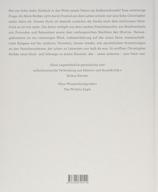 Achterpagina van een boek met tekst over Mark Rothko en recensies.