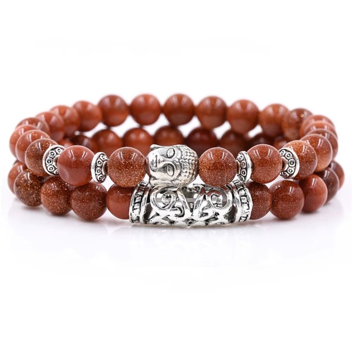 S4H Rode Goudsteen Armband – 2-delige Set – Goldstone Edelsteen voor Positiviteit & Energie – Buddha Armband – Handgemaakt Unisex Sieraad