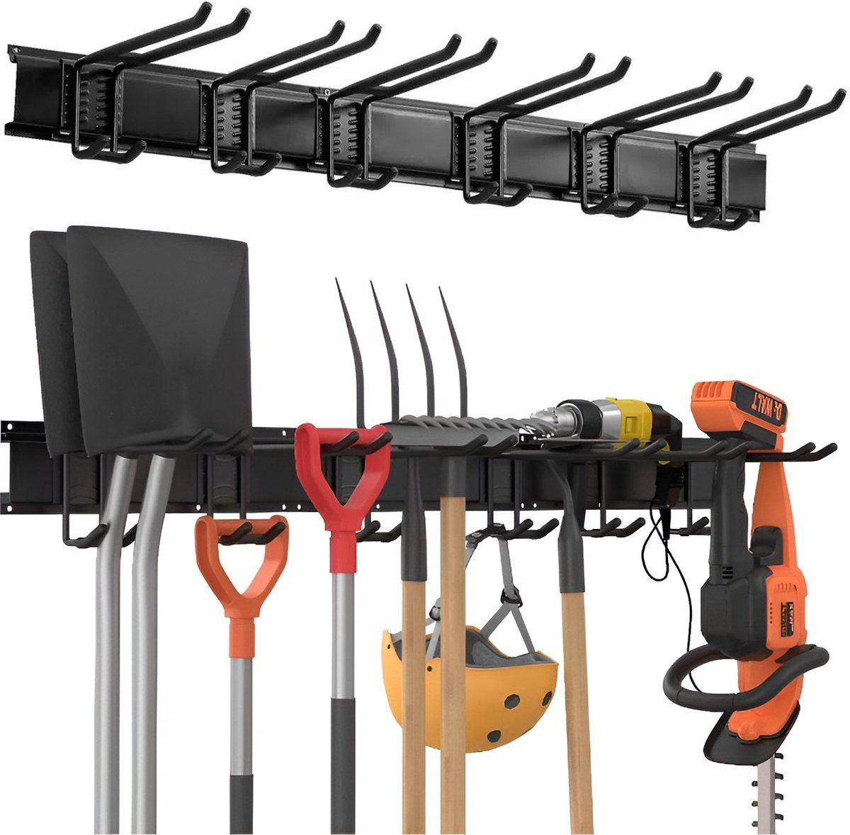 TOJ Gereedschapshouder - Bezemhouder - Tuingereedschap / Bezem Ophangsysteem - 3 Basisrails + 6 Haken - 120CM - Metaal - Mat Zwart