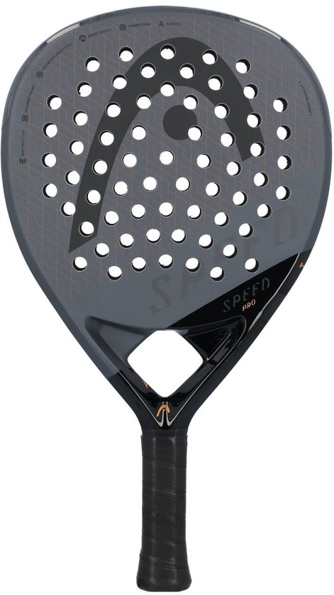 Grijze padelracket met zwarte details, 'HEAD SPEED PRO' tekst en een grafisch patroon.