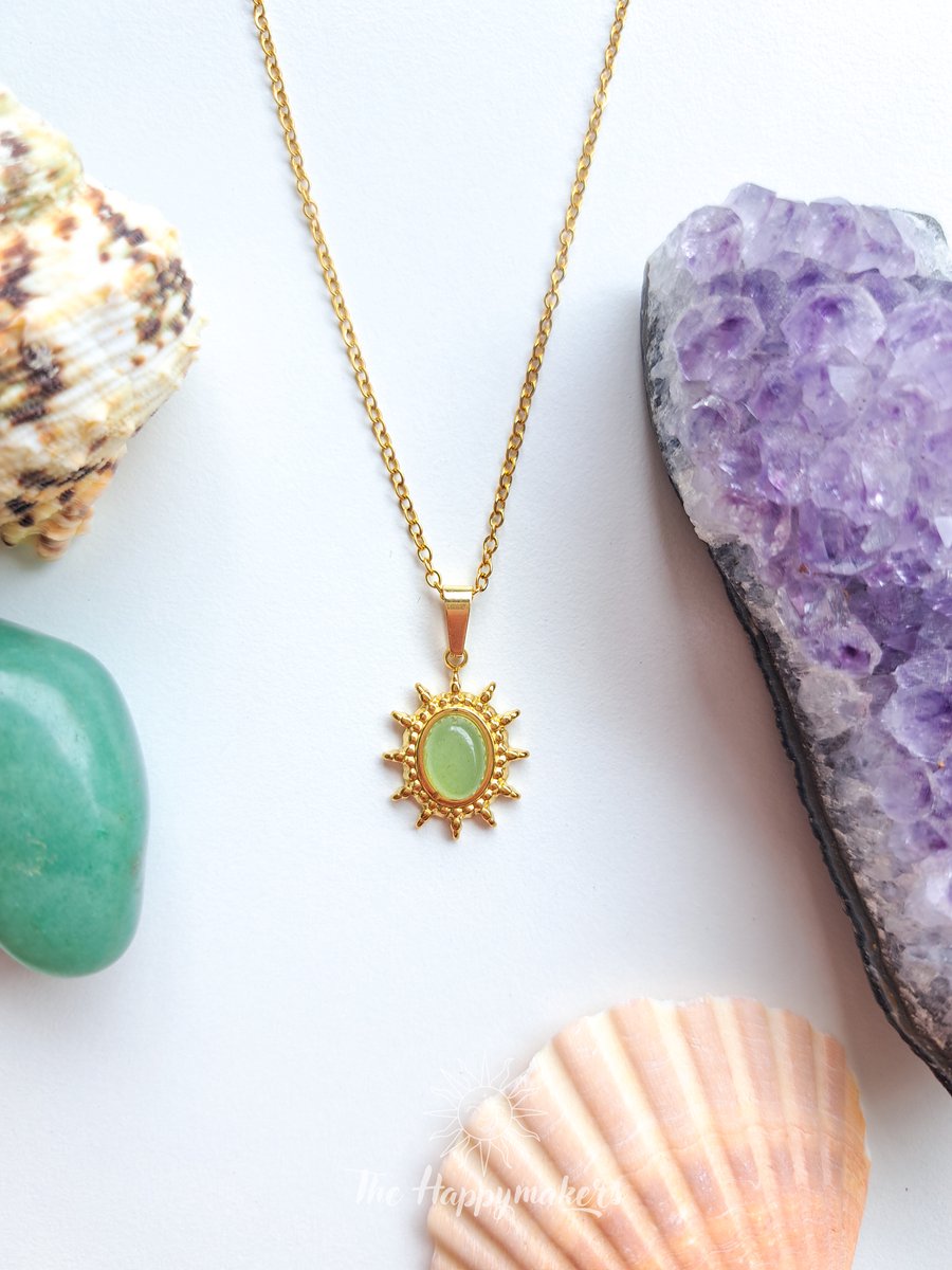 Edelsteen ketting bedel, aventurijn, waterproof, boho, stainless steel, handgemaakt, cadeau met betekenis, persoonlijke groei