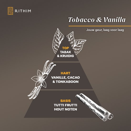 Piramide met geurnoten: tabak & kruidig (top), vanille, cacao & tonkaboon (hart), tutti frutti & houtnoten (basis).