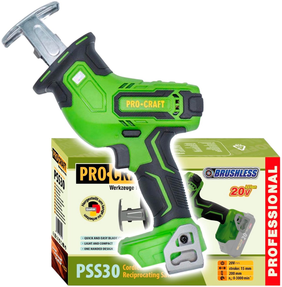 Procraft PSS30bb accu-reciprozaag 20 V borstelloos solo - zonder accu, zonder oplader