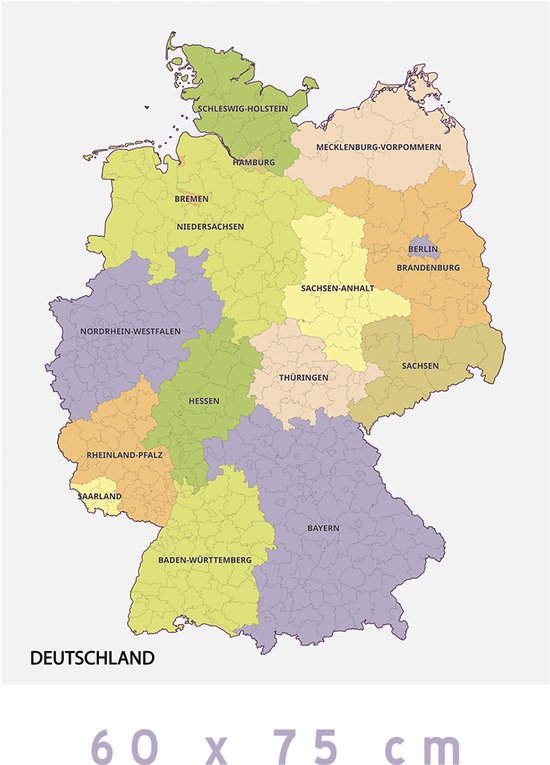 Map Duitsland (kunststof bord) | 60 x 75 cm | Kaart Deelstaten | Landkaart | Aardrijkskunde | Deutschland | Duits | Allemagne | Berlijn | Duitsers | Frankfurt | Noordrijn-Westfalen | Beieren | Hessen | Nedersaksen | 1 stuk