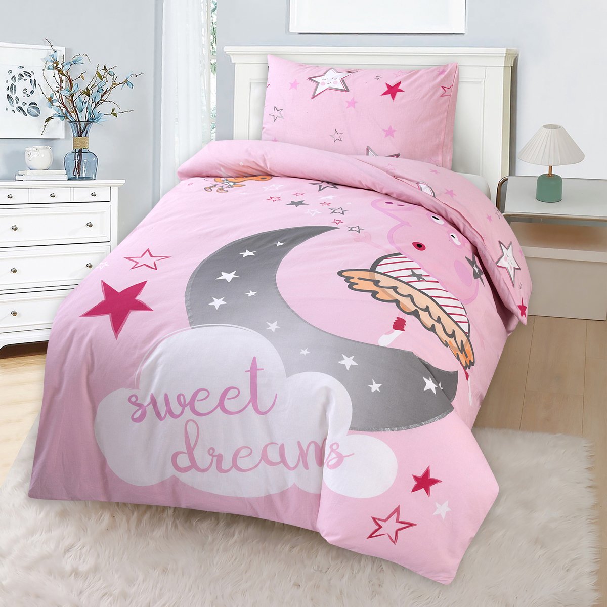 Bed Glow & Apparel – Sweet dreams Beddengoedset | Dekbedovertrek 140x200 + Hoeslaken 90x200+25 + Kussensloop 60x70 | 100% Katoen | Roze