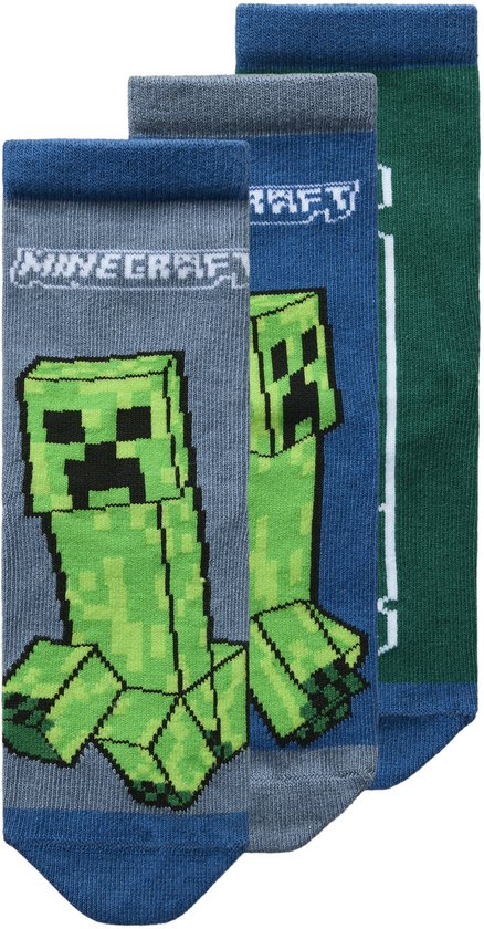 Drie paar jongenssokken met Minecraft Creeper en logo prints.