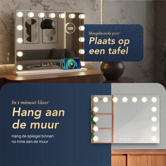 Puranex Miroir Coiffeuse de Maquillage 58×46 cm, LED 15 Lampes Super HD Makeup Mirror Hollywood avec Grossissement ×10, 3 Couleurs de Lumière Intensité Réglable, Port USB–pour Femmes et Filles