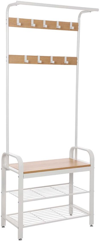 Moderne kapstok met houten zitting en drie metalen schoenenrekken. Wit metaal en eikenkleurig hout.