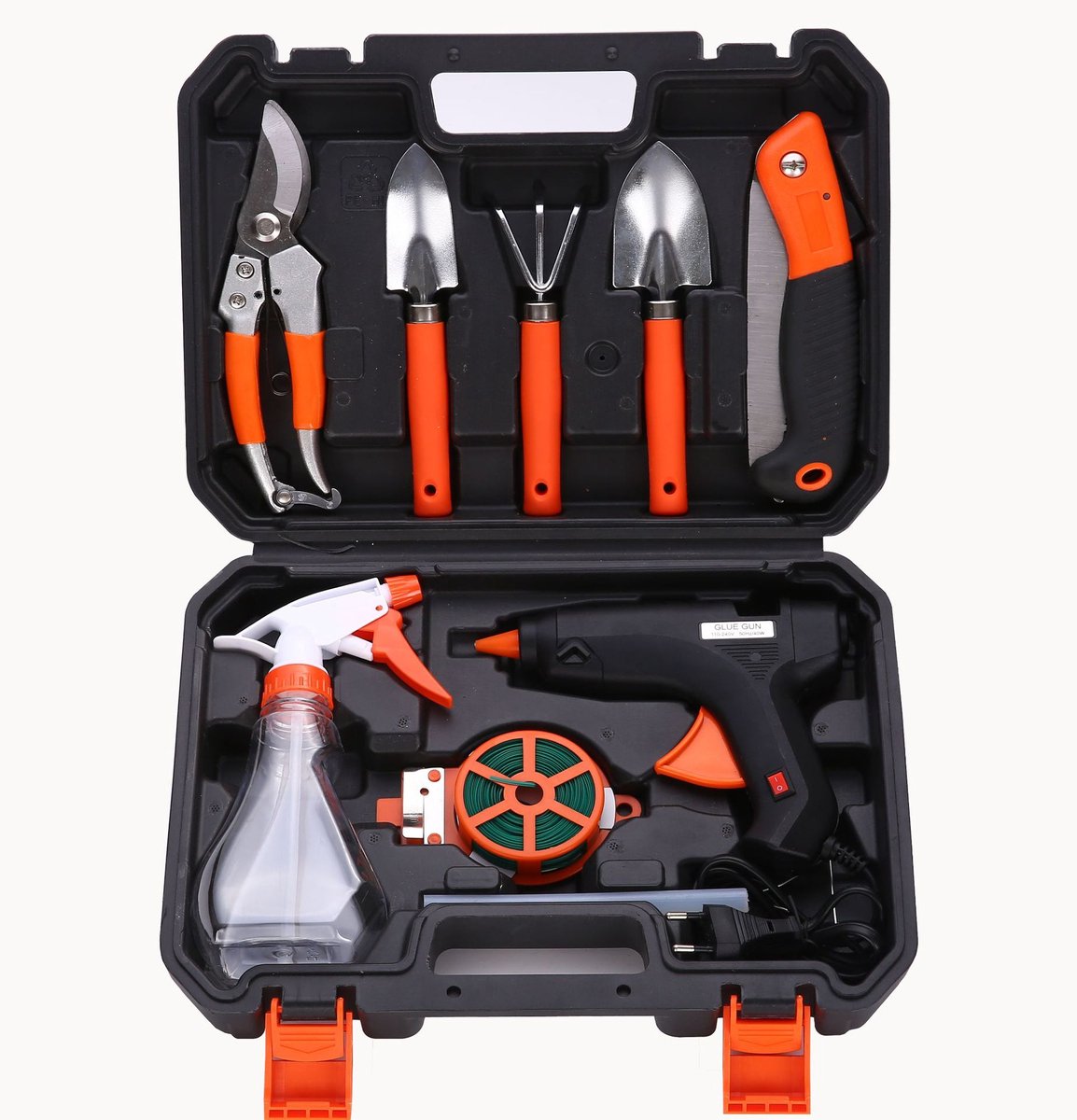 10-delige gereedschapsset, gereedschapskist voor ijzerwaren, tuingereedschap, combinatieset, set lijmpistool, tuingereedschap